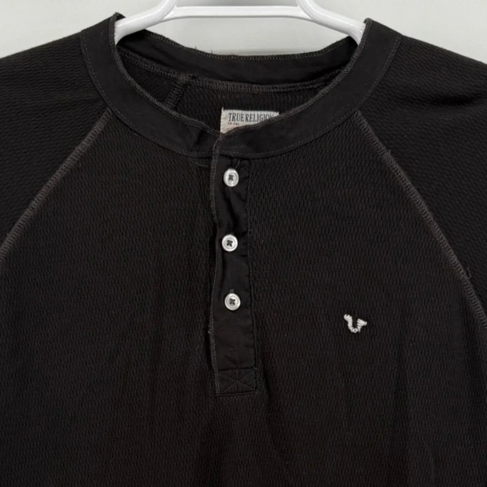True Religion Mens XL Black Waffle Knit Long Sleeve Henley Shirt LS Henley